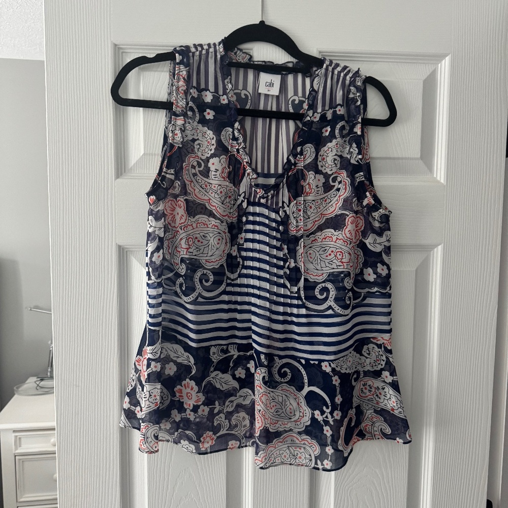 Cabi top, blue/white/orange sheer blouse size XS